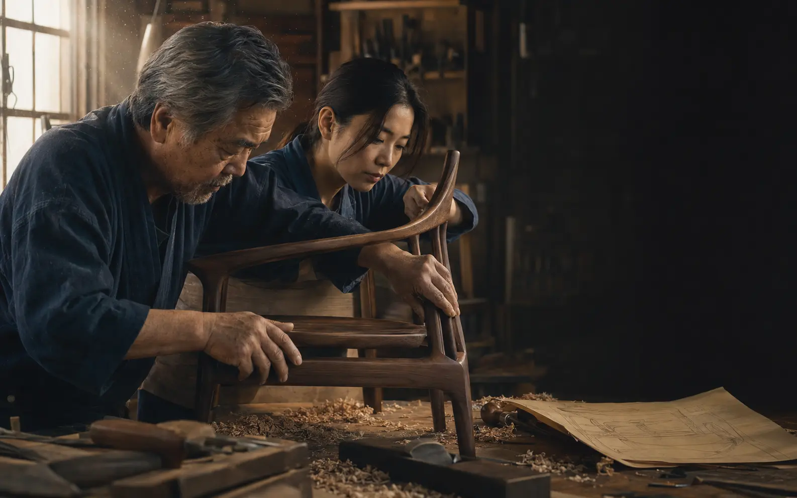 木工房で一つの椅子を仕上げる父と娘の映画的な一場面